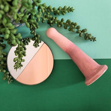 Load image into Gallery viewer, A pink and light purple gradient patterned 5 inch curved ceramic dildo lies on a dark green and teal split coloured background. Dark green tendrils from a pot plant flow around the dildo and onto a small round mirror which is half tinted with copper.
