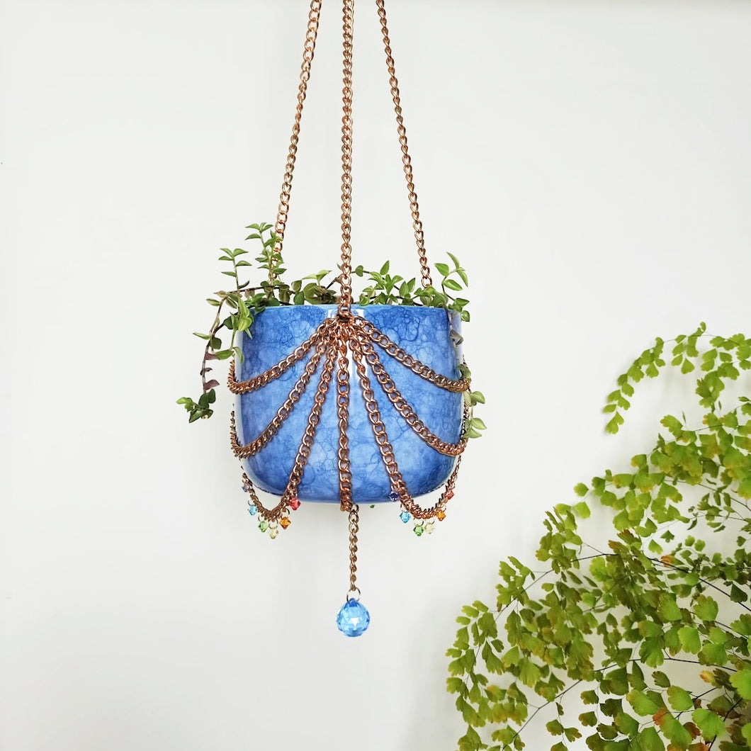 Copper Chain & Rainbow Pendant Hanging Pot - Blue Tie-dye